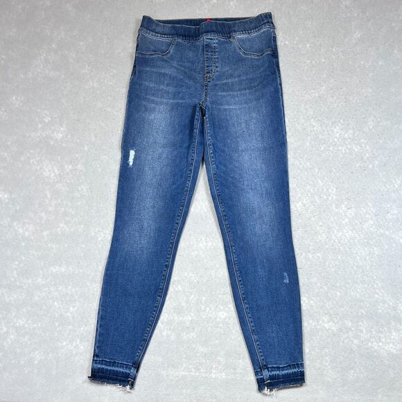 Spanx Jeans Womens Size Large Blue Distressed Ankle Skinny Shaping Raw Hem - Picture 1 of 11